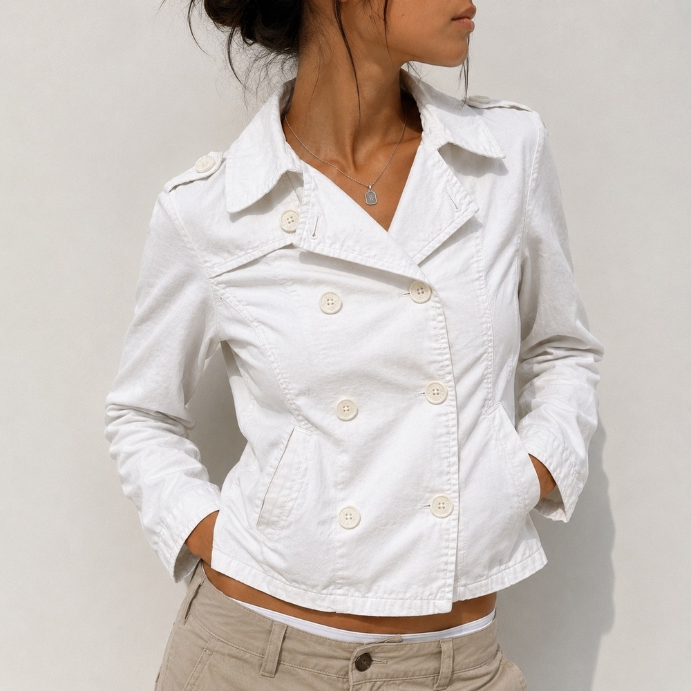 White Cropped Trench Jacket Y2K Double Breasted Cotton Pockets Lightweight Small